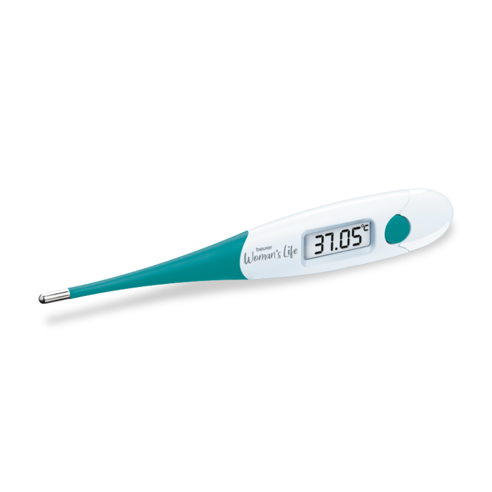 Basaltermometern OT 20 från Beurer GmbH med sitt grön-vita hölje visar ett värde på 37,05 grader Celsius på sin lilla digitala display. Det har utvecklats för cykelkontroll och graviditetsuppföljning och har en flexibel spets och en enda knapp nära displayen. Varumärket „Beurer Women’s Life“ är tryckt på enheten.