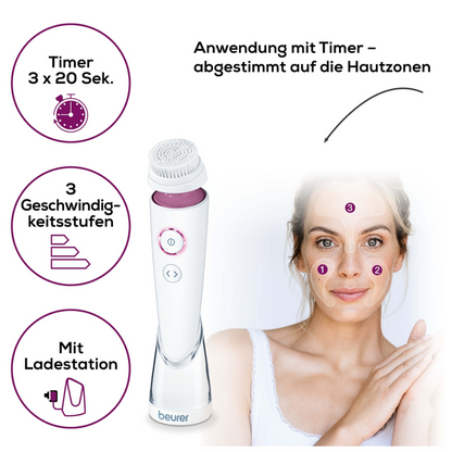 Ein Bild zeigt eine weiße Beurer FC 95 Gesichtsbürste Pureo Deep Cleansing der Beurer GmbH, mit drei Tasten. Symbole zeigen „Timer 3 x 20 Sek.“, „3 Geschwindigkeitsstufen“ und „Mit Ladestation“ an. Dargestellt ist eine Frau mit dem tiefenreinigenden Gerät mit nummerierten Gesichtszonen. Text lautet „Anwendung mit Timer – abgestimmt auf die Hautzonen“.
