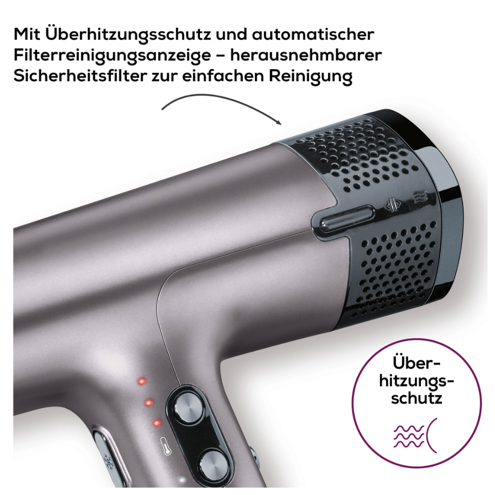 Den grå Beurer GmbH utgående artikel: HC 100 High Speed Hårtork Excellence har knappar, ett avtagbart, lätt att rengöra säkerhetsfilter, ventilationshål, överhettningsskydd, jonfunktion för slätt hår och en filterrengöringsindikator.