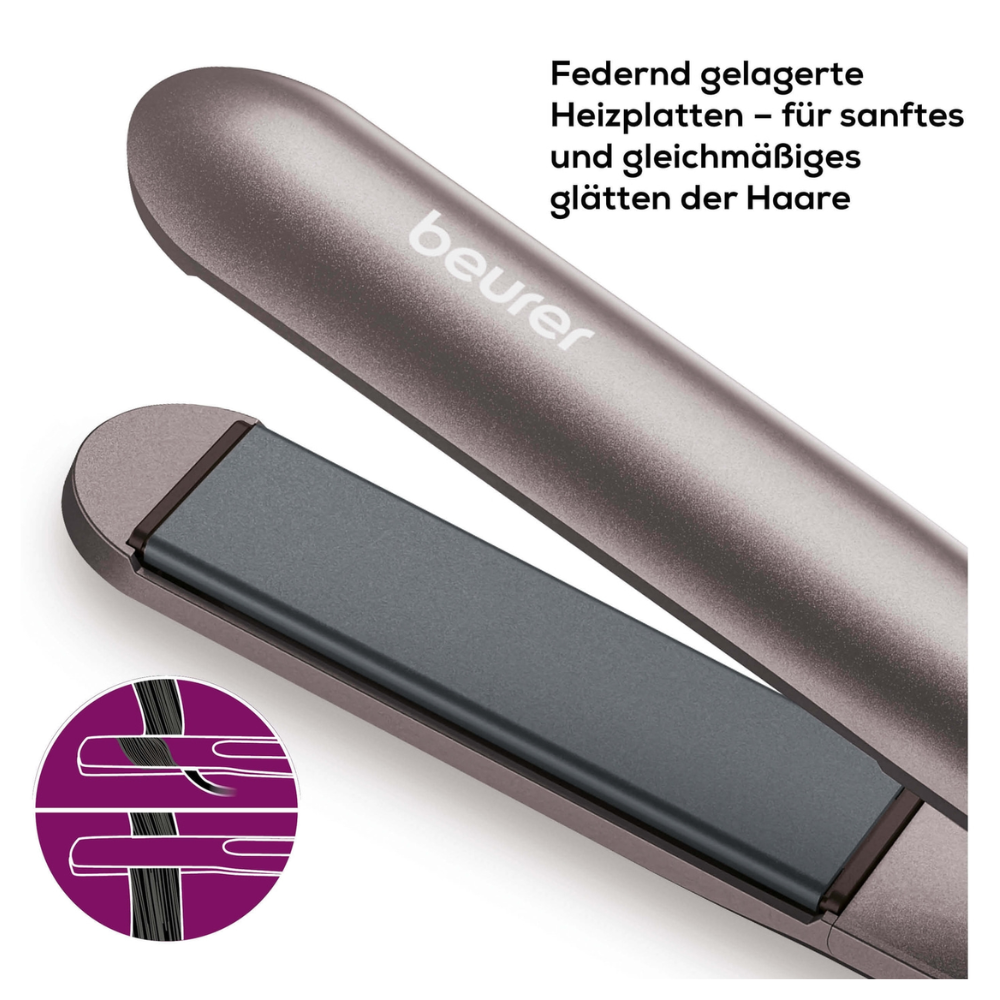 En närbild av en Beurer HS 15 plattång. Bilden framhäver de fjäderbelastade värmeplattorna med keramisk beläggning, som är designade för en mjuk och jämn hårutjämning. Ett infogat diagram visar hur plattorna jämnar ut håret. En tysk text från Beurer GmbH beskriver funktionen.