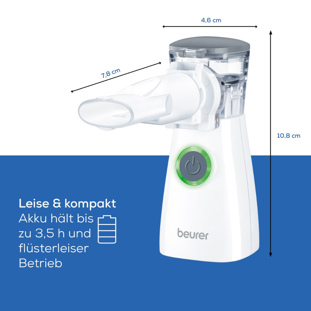 Den Beurer IH 57 inhalator med svängmembranteknologi från Beurer GmbH, tillgänglig i vitt med dimensioner på 4,6 cm bredd, 7,8 cm djup och 10,8 cm höjd, har den innovativa svängmembranteknologin. Den har en strömbrytare och en grön kontrollampa. Den tyska texten framhäver att den är tyst och kompakt och har en batteritid på upp till 3,5 timmar.