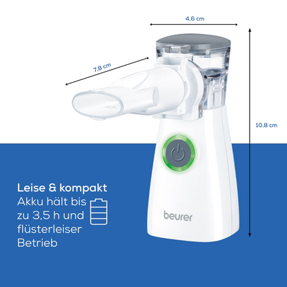 Den Beurer IH 57 inhalator med svängmembranteknologi från Beurer GmbH, tillgänglig i vitt med dimensioner på 4,6 cm bredd, 7,8 cm djup och 10,8 cm höjd, har den innovativa svängmembranteknologin. Den har en strömbrytare och en grön kontrollampa. Den tyska texten framhäver att den är tyst och kompakt och har en batteritid på upp till 3,5 timmar.