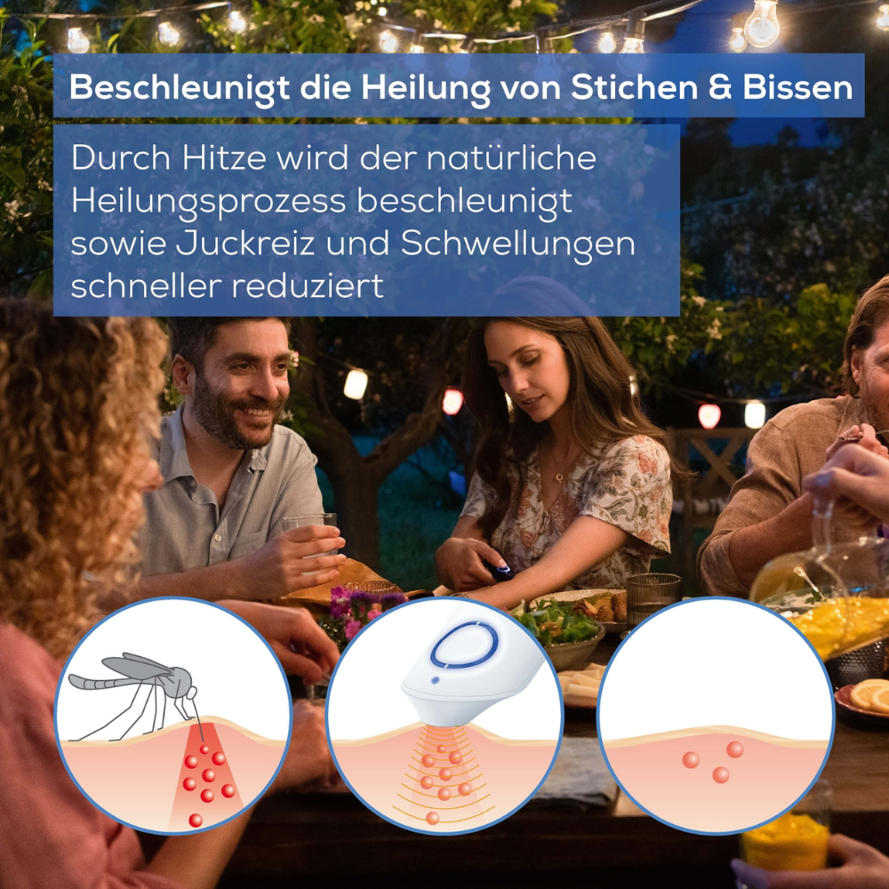 En grupp människor samlas utomhus på natten runt ett bord, upplyst av justerbar belysning. Den tyska texten ovanför bilden förklarar fördelarna med att använda värme för att lindra klåda och svullnad efter bett och stick. Tre diagram illustrerar processen med Beurer insektsbettbehandlare BR 90 (1 styck) från Beurer GmbH.