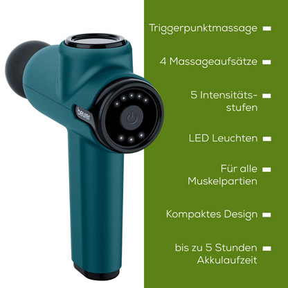 En blågrön Beurer MG 99 massagepistol kompakt från Beurer GmbH visas bredvid en grön lista över funktioner. Höjdpunkterna inkluderar triggerpunktmassage, 4 munstycken, 5 intensitetsnivåer, LED-lampor, lämplighet för alla muskelgrupper, kompakt design och upp till 5 timmars batteritid med litiumjonbatteriet.
