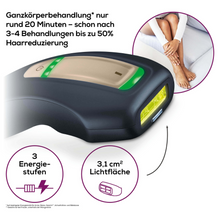 Ein Werbebild der Beurer dauerhaften Haarentfernung IPL Pure Skin Pro Black. Das Bild hebt Funktionen wie Ganzkörperbehandlung in ca. 20 Minuten, Haarentfernung von bis zu 50 % nach 3-4 Behandlungen, dauerhafte Haarentfernung mit 3 Energiestufen und eine 3,1 cm² große Lichtfläche hervor. Eine Frau ist zu sehen, die das Gerät an ihren Beinen verwendet.