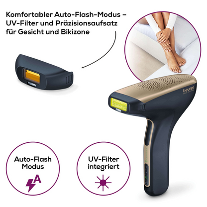 En bild som visar Beurer permanent hårborttagning IPL VelvetSkinPro Black, en produkt från Beurer GmbH, med UV-filter och precisionsfäste för ansikte och bikinilinje. Enheten visas nära en persons ben och framhäver dess fördelar med permanent hårborttagning. Tysk text beskriver funktionerna: UV-filter, precisionsfäste och automatisk blixtläge.