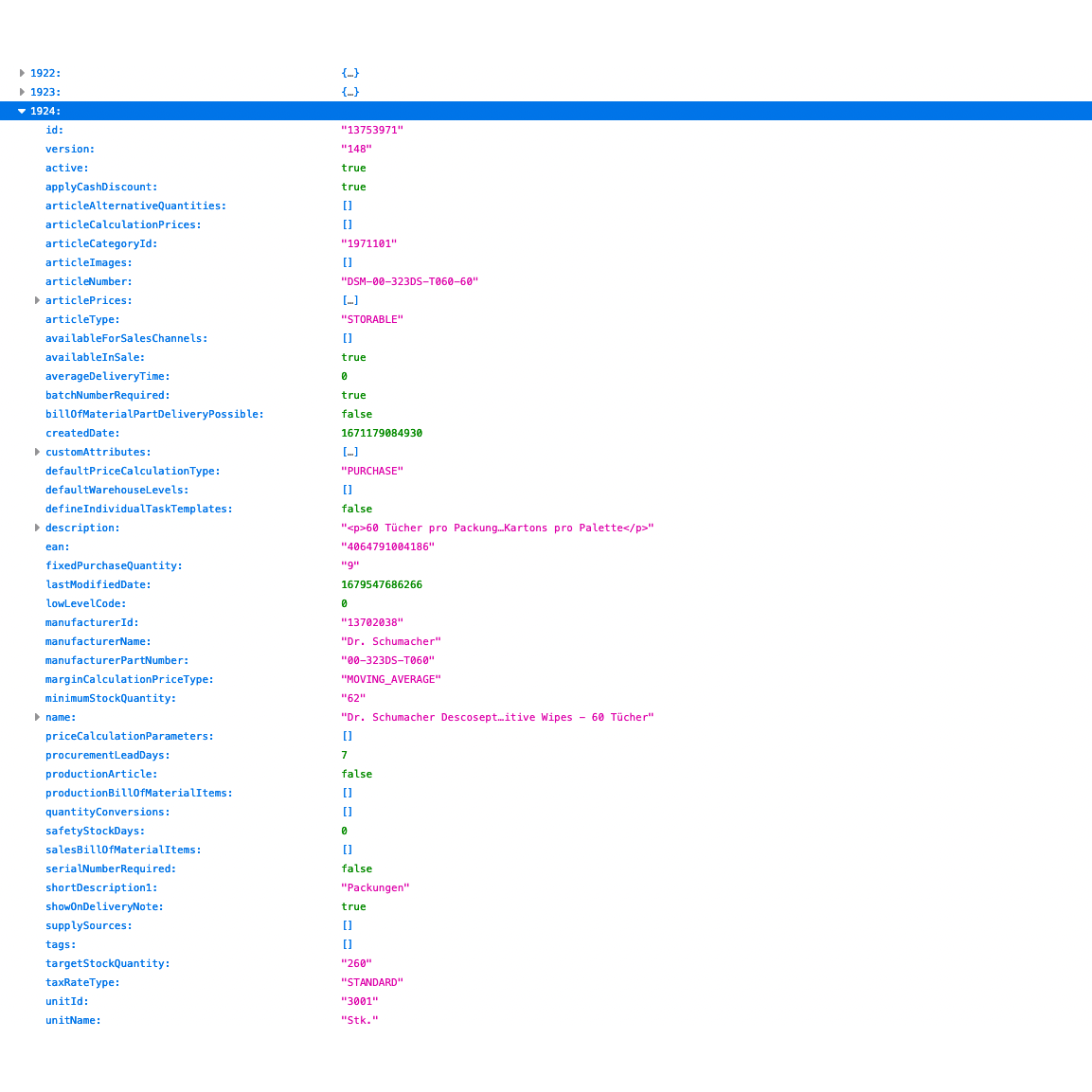 Textbaserat foto av en informationspanellayout som visar en konfiguration för en webbplats med Altruan ArtikelMeister-flöde: Weclapp Artikel JSON / CSV-flöde. Den innehåller flera fält som ”id”, ”type” och