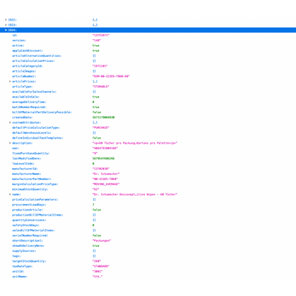 Textbaserat foto av en informationspanellayout som visar en konfiguration för en webbplats med Altruan ArtikelMeister-flöde: Weclapp Artikel JSON / CSV-flöde. Den innehåller flera fält som ”id”, ”type” och
