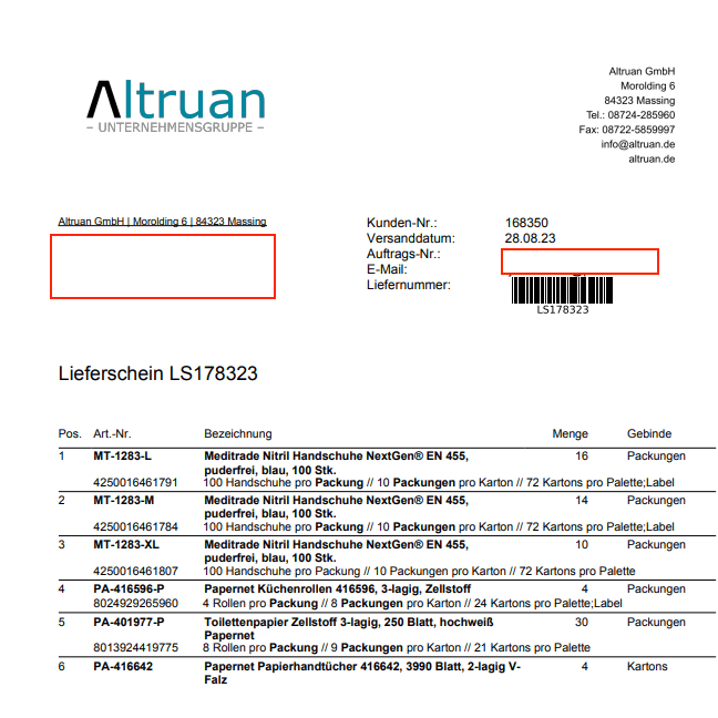 En bild av en följesedel från 'Altruan' med detaljer som avsändarens adress, fakturanummer och en detaljerad lista över de skickade produkterna, inklusive kvantiteter och förpackningstyper.