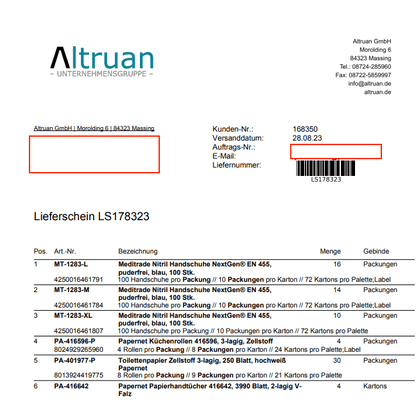 En bild av en följesedel från 'Altruan' med detaljer som avsändarens adress, fakturanummer och en detaljerad lista över de skickade produkterna, inklusive kvantiteter och förpackningstyper.