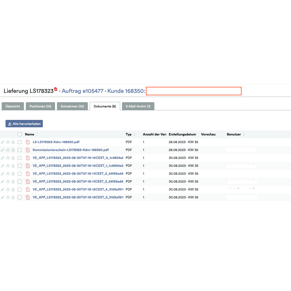 En skärmdump av Weclapp Logistik Packing App som visar ett digitalt dokumentsystem med en lista över PDF-filer, var och en tilldelad specifika metadata som typ, sidantal, skapelsedatum och dolda användarinformationer.