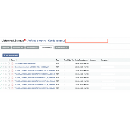 En skärmdump av Weclapp Logistik Packing App som visar ett digitalt dokumentsystem med en lista över PDF-filer, var och en tilldelad specifika metadata som typ, sidantal, skapelsedatum och dolda användarinformationer.