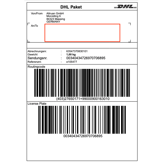 En DHL-etikett från Altruan GmbH (Morolding 6, 84323 Massing, Tyskland) innehåller streckkoder och en vikt på 1,00 kg med spårningsnummer 00340434276970706895. Mottagaradressen är tom för uppdateringar via PackMaster-appen: Weclapp Logistik Packing App för att förbättra effektiviteten av fraktetiketter.