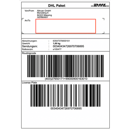 En DHL-etikett från Altruan GmbH (Morolding 6, 84323 Massing, Tyskland) innehåller streckkoder och en vikt på 1,00 kg med spårningsnummer 00340434276970706895. Mottagaradressen är tom för uppdateringar via PackMaster-appen: Weclapp Logistik Packing App för att förbättra effektiviteten av fraktetiketter.