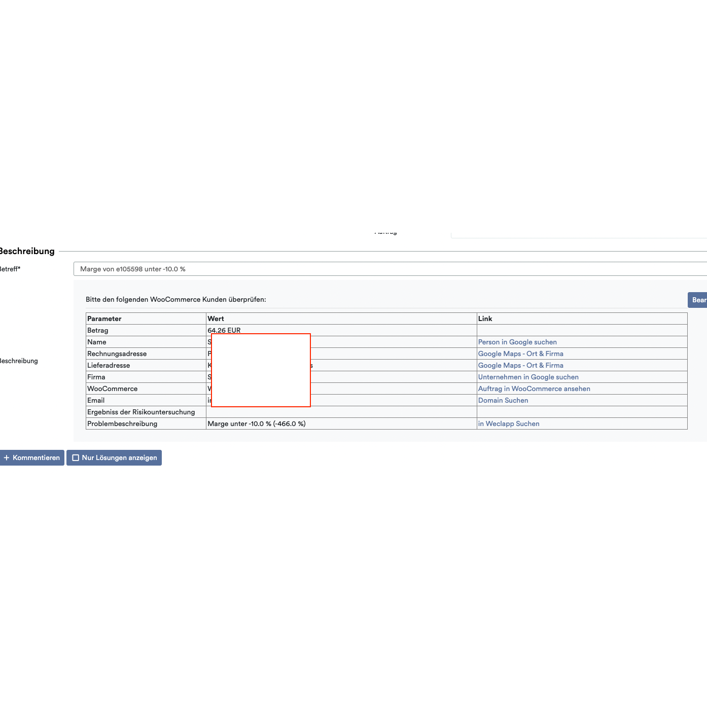 En skärmdump av en webbsida som visar ett fakturadetaljformulär med fält som belopp, fakturaadress och andra för „Köp på faktura“, markerade med en röd ruta runt ett tomt avsnitt med hjälp av Altruans OrderGuardian: Weclapp Orderkontrollsystem.