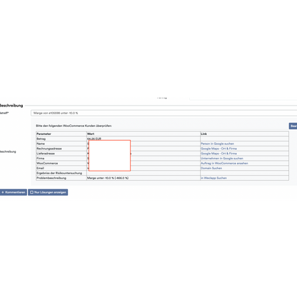 En skärmdump av en webbsida som visar ett fakturadetaljformulär med fält som belopp, fakturaadress och andra för „Köp på faktura“, markerade med en röd ruta runt ett tomt avsnitt med hjälp av Altruans OrderGuardian: Weclapp Orderkontrollsystem.
