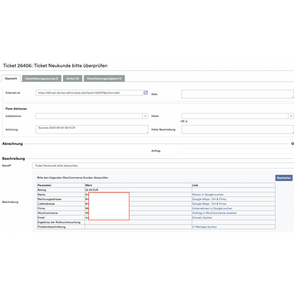 Skärmdump av gränssnittet för ett biljettsystem i en molntjänst där olika fält som „Biljettinformation“, „Journal“ och „Kund“ visas, där information om en transaktion, inklusive artikelkostnader, är markerad i ett rött fält. OrderGuardian från Altruan används.