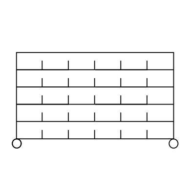 Ein schwarz-weißes Diagramm zeigt ein 5x5-Raster mit Kreisen an jeder unteren Ecke, das den Novocal Sortierregalwagen aus Präzisionsstahl, vernickelt und hochglanzverchromt, mit 4 Eckpfosten (1 Stück) illustriert.