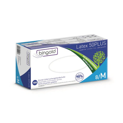 Låda Bingold Latex 50PLUS latexhandskar, storlek 8/M från BINGOLD GmbH + Co. KG. Förpackningen betonar en puderfri design och har en till 90 % plastfri formel som är vegansk och därmed perfekt för laboratoriebruk och skydd mot kemiska faror. Innehåller 100 handskar.