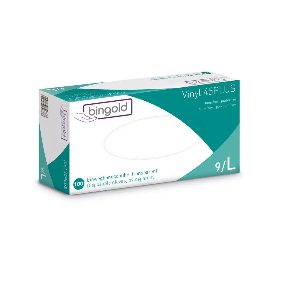 En låda Bingold Vinyl 45PLUS engångshandskar, storlek 9/L, från BINGOLD GmbH + Co. KG. Förpackningen är övervägande vit med gröna och blå accenter, märkt som ett latexalternativ och puderfri. Den innehåller 100 transparenta vinylhandskar.