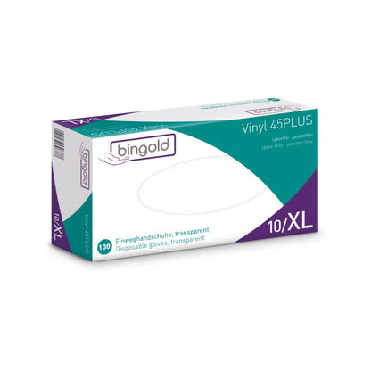 En låda Bingold Vinyl 45PLUS engångshandskar i storlek XL, med en vit-blågrön förpackning med violetta accenter, marknadsför dessa handskar som ett latex- och puderfritt alternativ till latex. Förpackningen innehåller 100 transparenta handskar.