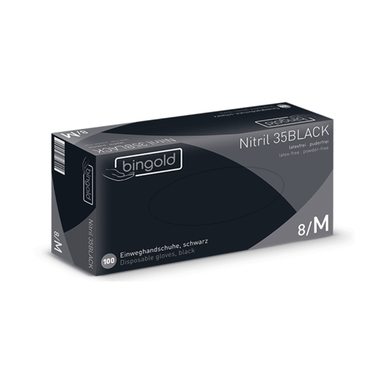 Här presenteras en förpackning med Bingold Nitril 35BLACK svarta nitrilhandskar, en produkt från BINGOLD GmbH + Co. KG. Dessa medelstora handskar är perfekta för hygieniska miljöer, är latex- och puderfria och har flerspråkig text på förpackningen.