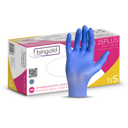 Avbildad är en blå Bingold Nitril 35PLUS-handske från BINGOLD GmbH + Co. KG framför en låda med 100 latex- och puderfria handskar i storlek 7/S, PSA-kategori III, medicinteknisk produkt klass I, med tysk och engelsk text.