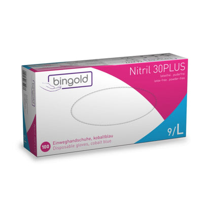 Bingold Nitril 30PLUS engångshandskar, storlek 9/L, från BINGOLD GmbH + Co. KG, är idealiska för livsmedelsindustrin. Den vita förpackningen med violetta och blå accenter har text på tyska och engelska. Dessa koboltblå handskar är latexfria och puderfria.