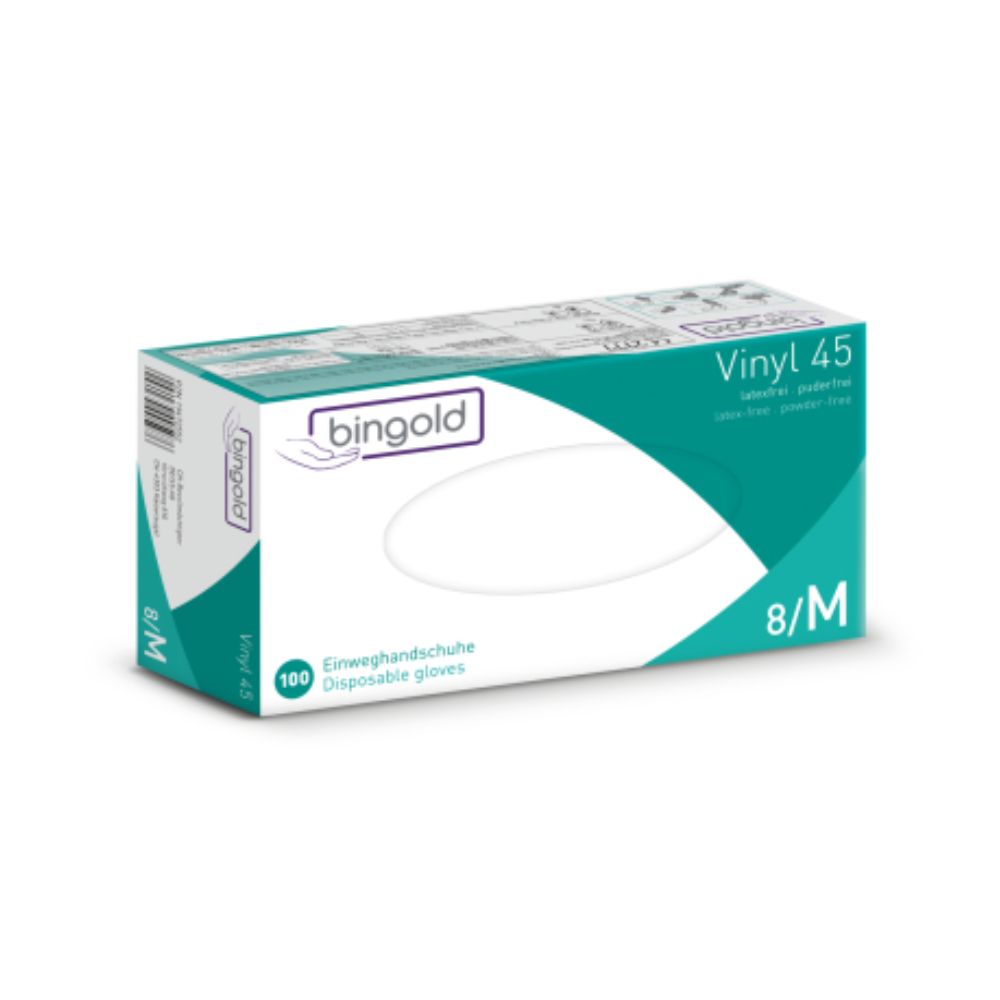 Förpackningen för Bingold Vinyl 45 engångshandskar i grönt och vitt har texten "puderfri", "latexfri" och "8/M". Den innehåller 100 handskar och är märkt med BINGOLD GmbH + Co. KG:s varumärke och skyddsklass CAT III för att säkerställa säkerheten.
