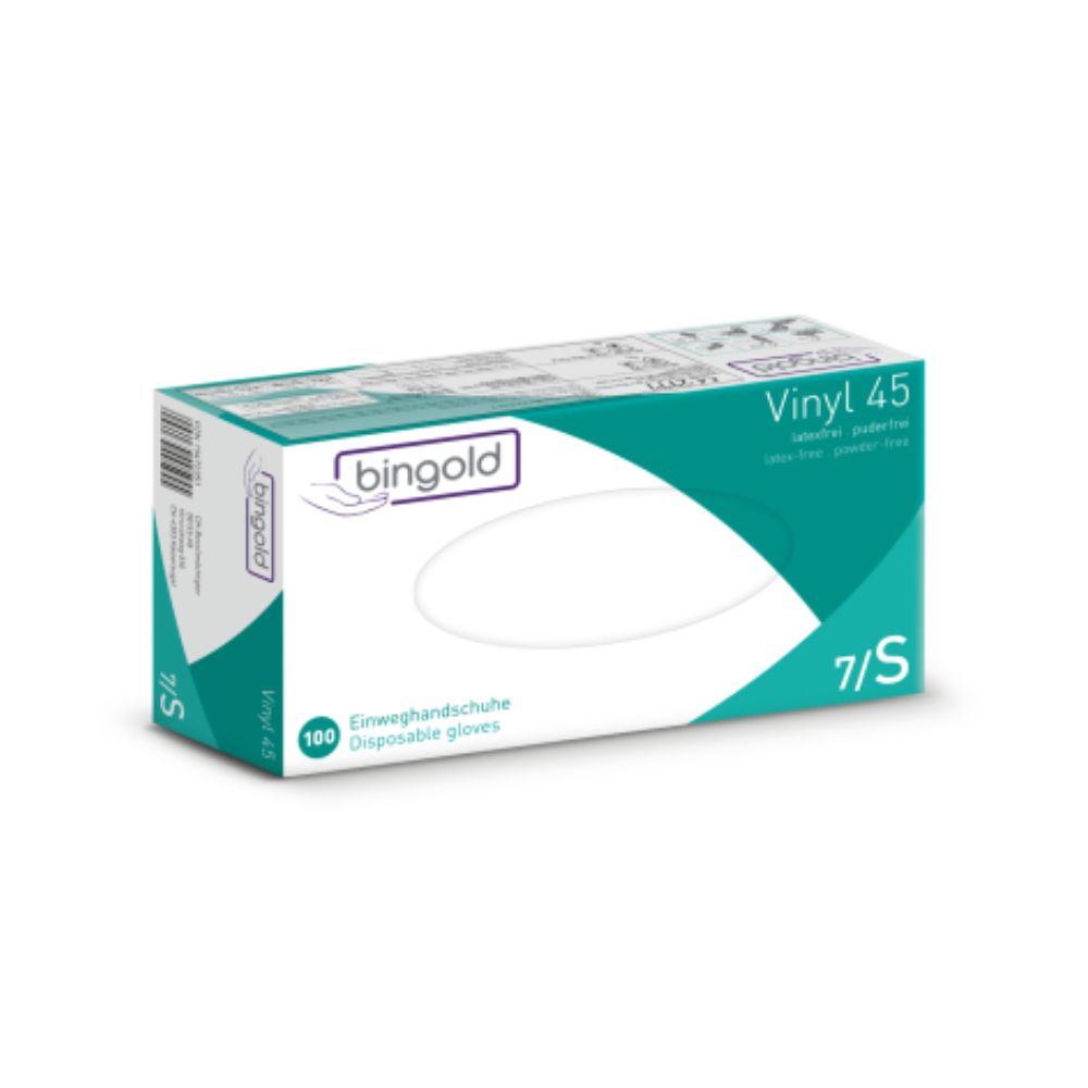 Bild av en övervägande vit låda med gröna accenter och texten "Bingold Vinyl 45 engångshandskar". Lådan från BINGOLD GmbH + Co. KG innehåller 100 puderfria engångshandskar i storlek 7/S och är märkt som SKYDDSKLASS CAT III.