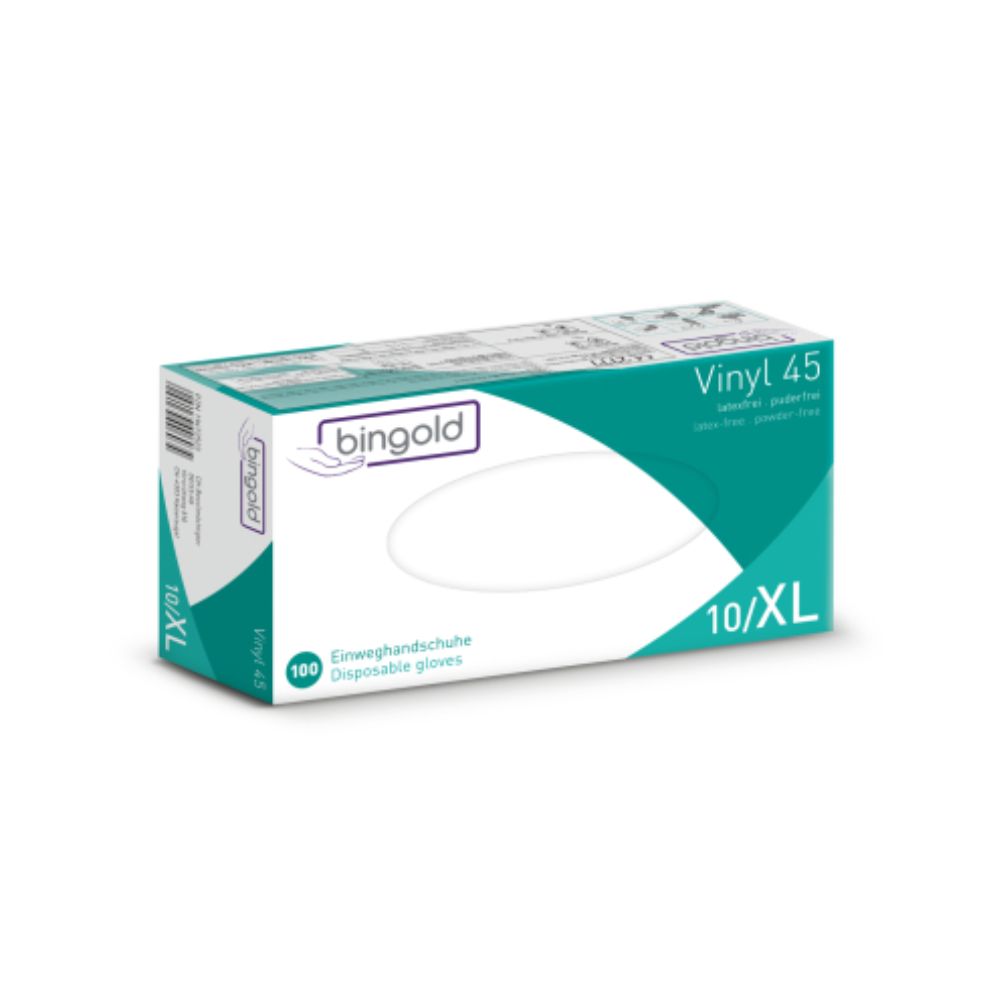 Bingold Vinyl 45 engångshandskar från BINGOLD GmbH + Co. KG finns i storlek 10/XL och är förpackade i en vit låda med gröna och violetta accenter samt engelska och tyska produktdetaljer. Lådan innehåller 100 transparenta, latexfri, puderfri handskar av skyddsklass CAT III.