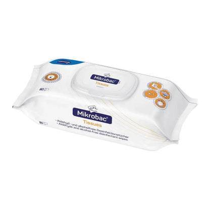 En förpackning BODE Mikrobac® Tissues ytdesinfektionsservetter med märkningen 'alkoholfri' innehåller 80 servetter. Förpackningen är huvudsakligen vit med blått och orange och tillverkas av Paul Hartmann AG.