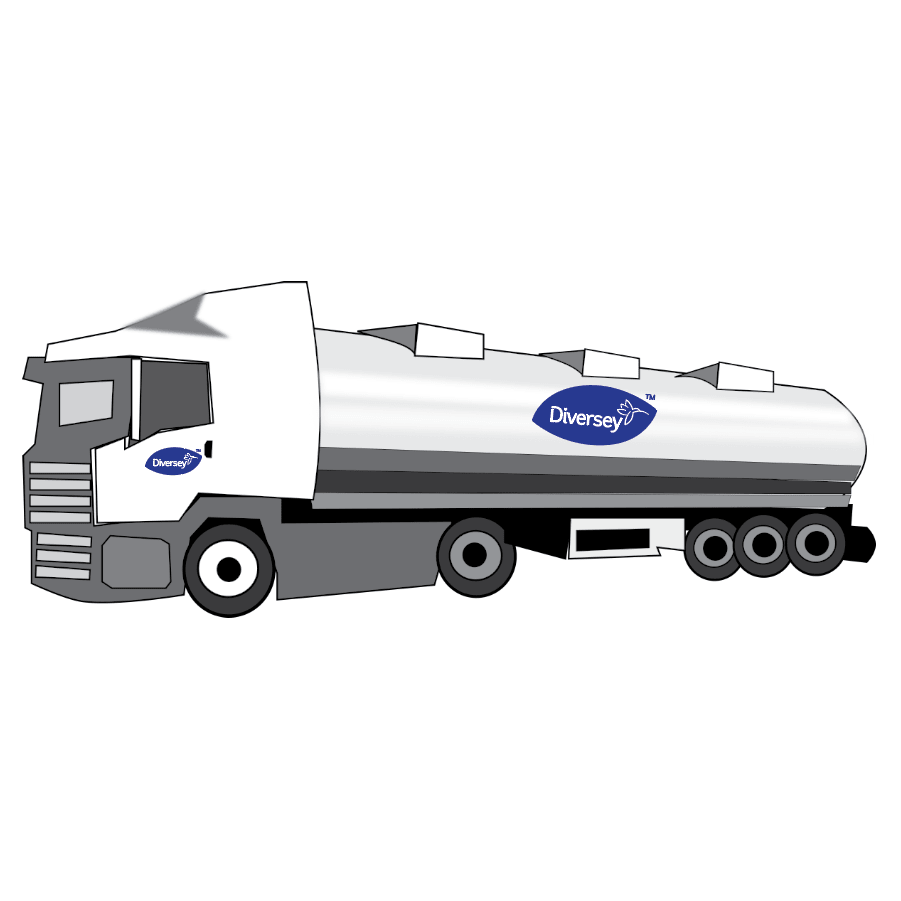 En vit-grå tankbil med tre bakaxlar och Diversey Deutschland GmbH & Co. OHG-logotypen på förarhytten och tanken, designad för leverans av Suma Power T57 Alkalibooster till professionella kök och maskindiskmaskinsystem. Enkel vit bakgrund.
