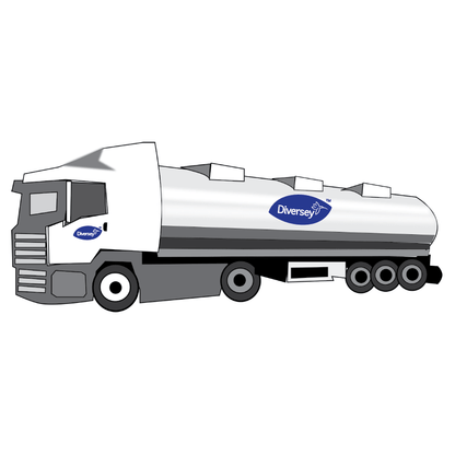 En vit-grå tankbil med tre bakaxlar och Diversey Deutschland GmbH & Co. OHG-logotypen på förarhytten och tanken, designad för leverans av Suma Power T57 Alkalibooster till professionella kök och maskindiskmaskinsystem. Enkel vit bakgrund.