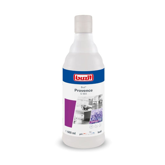En 600 ml-flaska Buzil Air Provence G 565, färdigblandad rumspray från BUZIL-WERK Wagner GmbH & Co. KG, försedd med en vit-blå etikett med varumärkeslogotypen, produktnamnet och bilder på rena inomhusmiljöer.