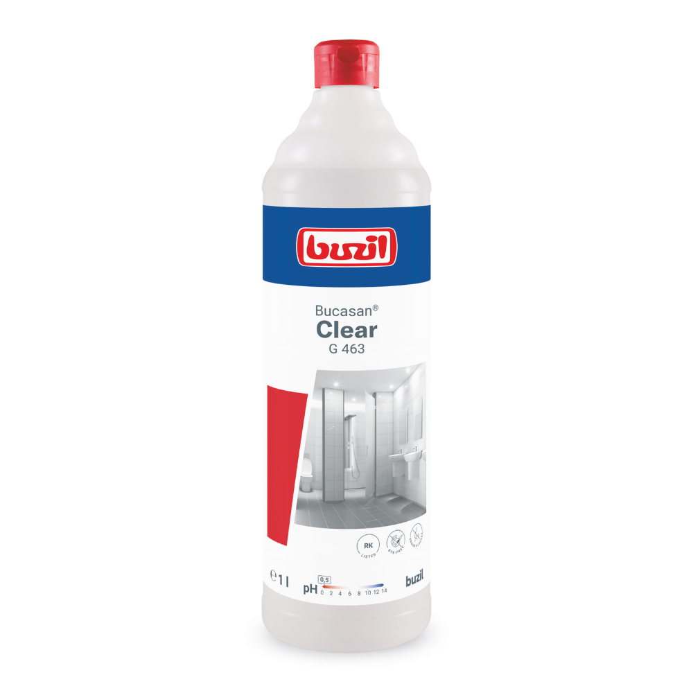 En vit 1-liters plastflaska Buzil Bucasan® Clear G 463, tillverkad av BUZIL-WERK Wagner GmbH & Co. KG, med röd kork och en etikett som förutom produktinformation också visar bilder av ett skinande rent badrum. Etiketten betonar dess funktion som färgämnesfri sanitetsunderhållsrengörare med luktblockerare för borttagning av kalkavlagringar.