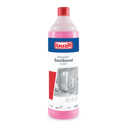 En 1-liters flaska Buzil Bucasan® Sanibond G 457 Viskös sanitetsunderhållsrengöring med rosa vätska bär BUZIL-WERK Wagner GmbH & Co. KG:s varumärke. Etiketten är utformad med blå och röda element och visar produktnamnet och bilder av en toalett för randfri glans. Flaskan är försedd med en röd kork.