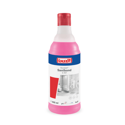 En 600 ml flaska Buzil Bucasan® Sanibond G 457 Viskös sanitetsunderhållsrengöring från BUZIL-WERK Wagner GmbH & Co. KG, som innehåller en rosa vätska med blå-vit etikett och röd kork. Sanitetsrengöringen lovar randfri glans, visar bilder av badrumsarmaturer och ger pH-information.