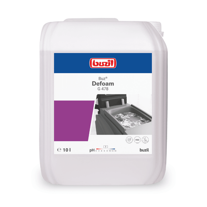En vit 10-litersbehållare från BUZIL-WERK Wagner GmbH & Co. KG med texten ”Buzil Buz® Defoam G 478 skumdämpare för maskiner” visar en bild av skum i en maskin och lyfter, förutom uppgifter om pH-värde och volym, även fram de skumdämpande egenskaperna för rengöringsutrustning.