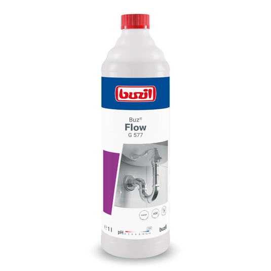 En 1-litersflaska med Buzil Buz® Flow G 577 flytande avloppsrengöringsmedel, tillverkad av BUZIL-WERK Wagner GmbH & Co. KG. Etiketten visar en bild av ett avloppssystem och produktlogotypen. Den övervägande vita flaskan har detaljer i rött, blått och lila och är försedd med en röd kork som används för att effektivt avlägsna stopp i avlopp.