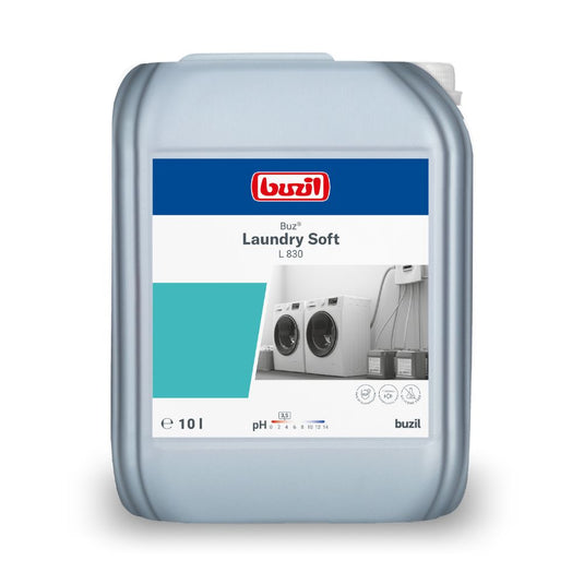 En 10-liters dunk i grått med Buzil Buz® Laundry Soft L 830 från BUZIL-WERK Wagner GmbH & Co. KG, idealisk för professionella tvätterier. På etiketten finns tvättmaskiner och viktiga produktdetaljer som pH-värde och mätsymboler avbildade, för att säkerställa optimal textilvård.