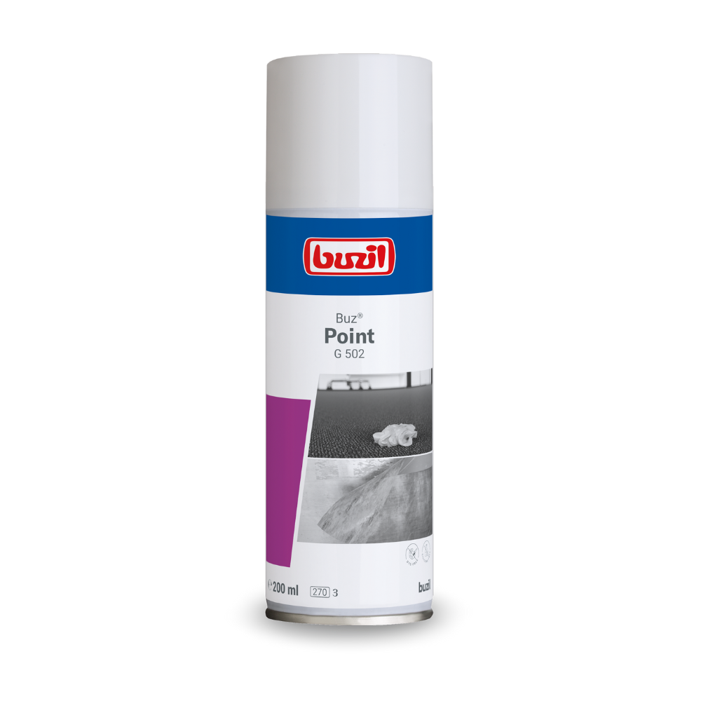 En fläckborttagningsflaska Buzil Buz® Point G 502 från BUZIL-WERK Wagner GmbH & Co. KG, idealisk för textila beläggningar och ytor. 200 ml-flaskan har en vit etikett med röd-blå branding, dekorerad med en bild av ett bord med duk, som effektivt avlägsnar vattenolöslig smuts.