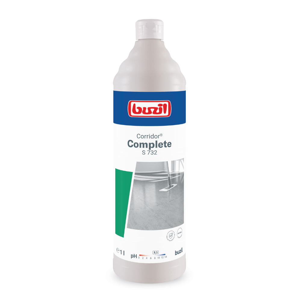 En 1-liters flaska Buzil Corridor® Complete S 732 multifunktionell ytbehandlingsrengöring från BUZIL-WERK Wagner GmbH & Co. KG är designad för vattenbeständiga golv. Förpackningen har en blå etikett med röda och gröna accenter som framhäver en bild av ett rent golv och dess multifunktionella emulsionsformel samt pH-information och användningsinstruktioner.
