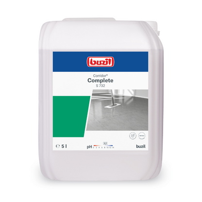 En 5-liters behållare Buzil Corridor® Complete S 732 multifunktionell ytbehandlingsrengöring. Etiketten bär logotypen för BUZIL-WERK Wagner GmbH & Co. KG, produktnamnet, pH-information och en bild av ett rent golv med en mopp, vilket gör den idealisk för vattenbeständiga golvbeläggningar.