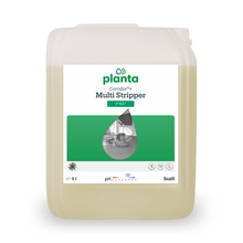 En 5-liters behållare med Buzil Corridor® Power Stripper P 937, en högpresterande universell grundrengöringslösning för golv från BUZIL-WERK Wagner GmbH & Co. KG. Etiketten är grön-vit designad och försedd med en liten illustration av golvrengöring, en pH-värdeindikator och Buzil-loggan som indikerar materialkompatibilitet.