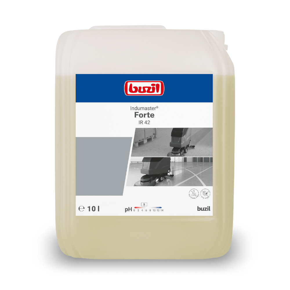 En 10-liters dunk Buzil Indumaster® Forte IR 42 lösningsmedelsbaserad industri- och sportgolvrengöring från BUZIL-WERK Wagner GmbH & Co. KG fungerar som en effektiv rengöring för industri- och sportgolv. Den ljusa behållaren är märkt med en grå-vit etikett, på vilken varumärkeslogotypen, produktnamnet samt bilder av rengöringsutrustning kan ses.