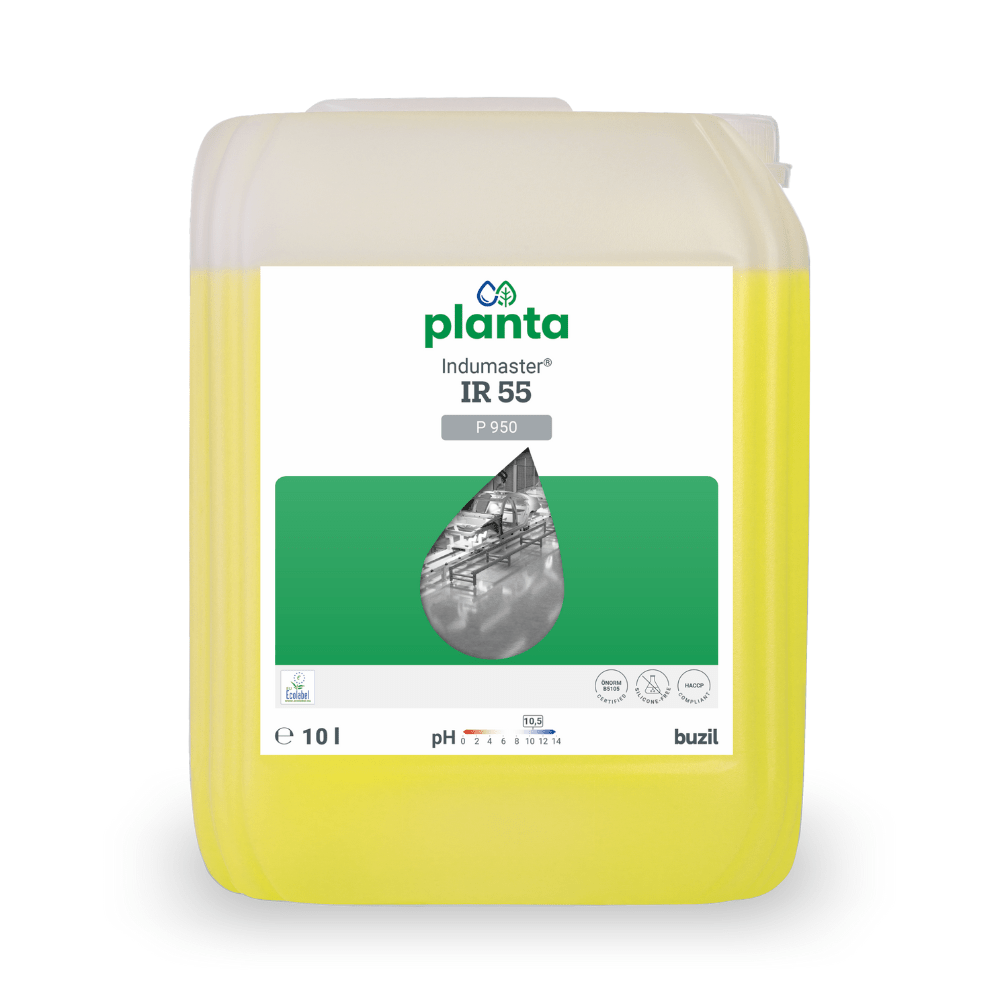 En 10-litersbehållare med Buzil Indumaster® IR 55 P 950, en ekologisk, universell industrirengöring. Den genomskinliga kannan innehåller en gul vätska med en vit etikett med gröna accenter, där bilder av vattendroppar och industrirör är avbildade, och där varumärket 'BUZIL-WERK Wagner GmbH & Co. KG' syns tydligt.
