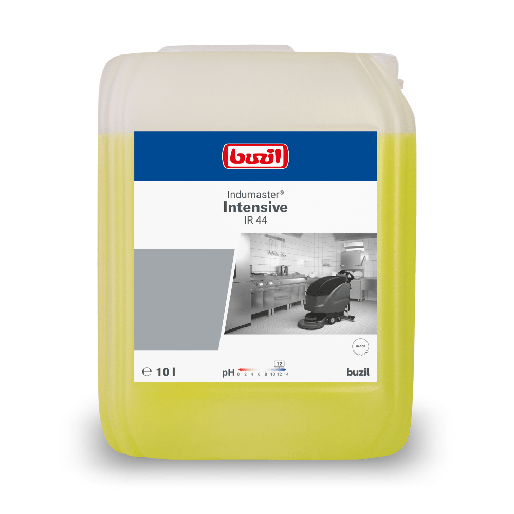En vit-blå 10-liters behållare från BUZIL-WERK Wagner GmbH & Co. KG med texten ”Buzil Indumaster® Intensive IR 44 Fosfatfritt köksindustrirengöringsmedel” visar en bild av en rengöringsmaskin i en industriell miljö samt information om pH-värde. Den är perfekt för professionella kök.