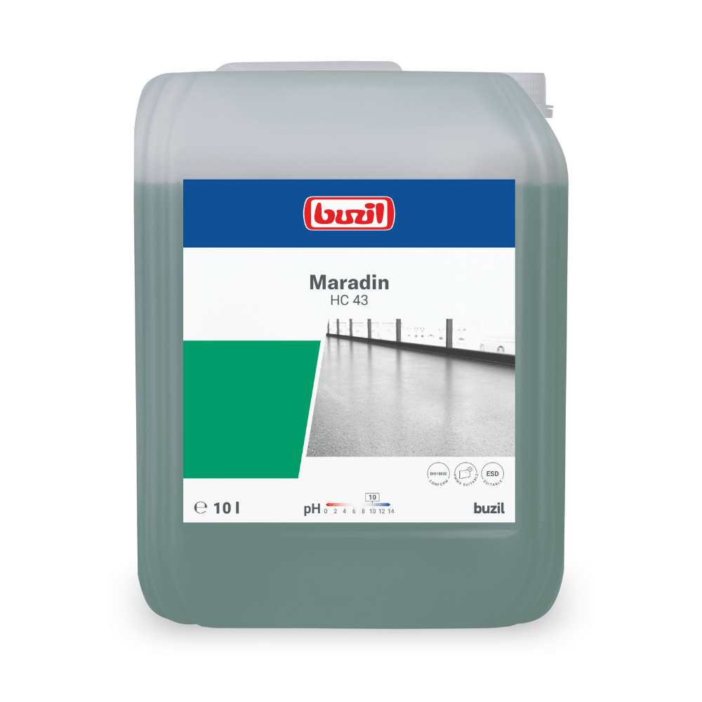 En 10-liters behållare Buzil Maradin HC 43 Högkoncentrerad Allround-Intensivrengöring från BUZIL-WERK Wagner GmbH & Co. KG har en blå-grön design på etiketten, där produktdetaljer som en pH-symbol, miljösymboler och en bild av ett rent golv visas. Den är idealisk för att bekämpa olja och fettföroreningar på vattenbeständiga ytor.
