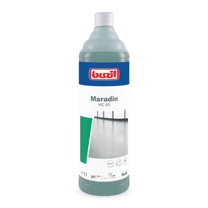 1-liters flaskan Buzil Maradin HC 43 Högkoncentrerad Allround-Intensivrengöring från BUZIL-WERK Wagner GmbH & Co. KG är optimal för att ta bort olja och fettfläckar på vattenbeständiga ytor. Den blå-vita-gröna etiketten visar en golvbild och ger information om produktens pH-värde samt användningsinstruktioner.